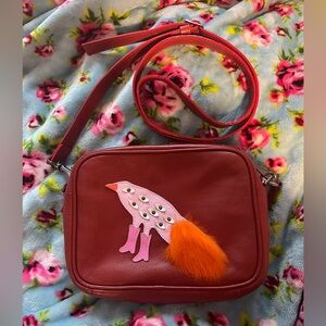Min & Mon embellished bird in boots dark red leather crossbody bag EUC